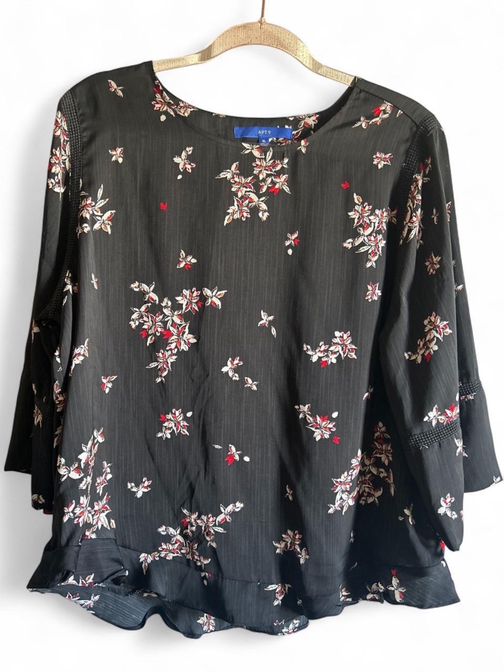 Apt. 9 Black Floral Ruffle-Hem Blouse size XL